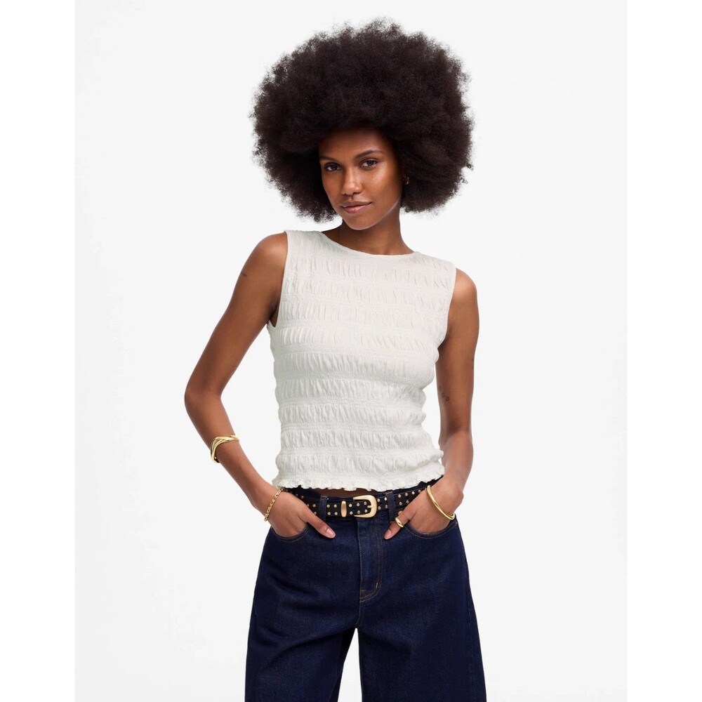 Madewell XXS Smocked Boatneck Tank Top White Ruffle Hem Sleeveless Slim Fit NWT